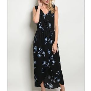 Black + blue sleeveless floral print maxi dress